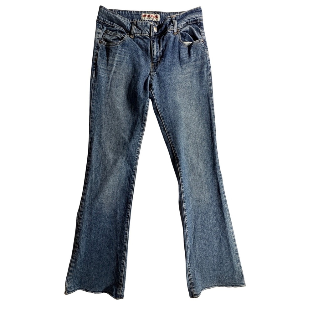 Bisou Bisou Flare Jeans Womens 8 Blue Rhinestone Pocket Stretch Y2K Denim